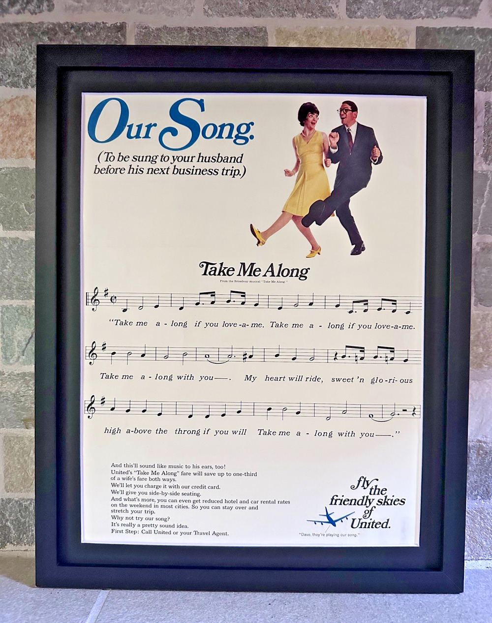 Framed 1967 United Airlines Our Song Take Me Along Vintage Print Ad